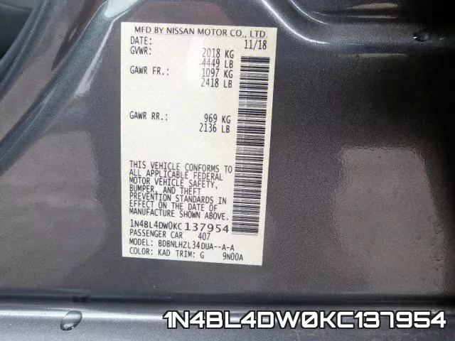 1N4BL4DW0KC137954 фото 2