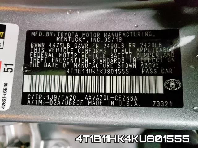 4T1B11HK4KU801555 фото 2