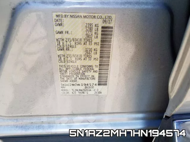 5N1AZ2MH7HN194574 фото 2