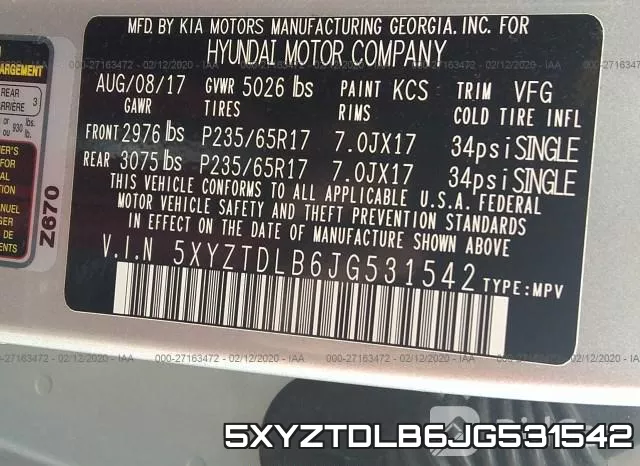 5XYZTDLB6JG531542 фото 10