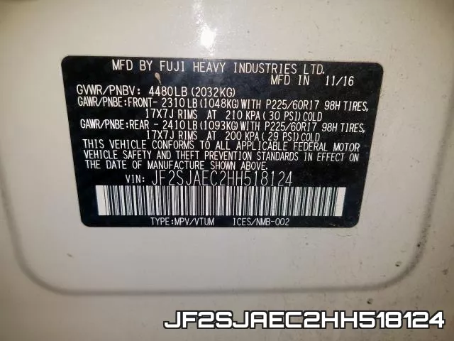 JF2SJAEC2HH518124 фото 2