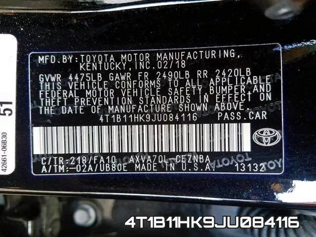 4T1B11HK9JU084116 фото 2