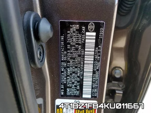 4T1BZ1FB4KU011667 фото 2