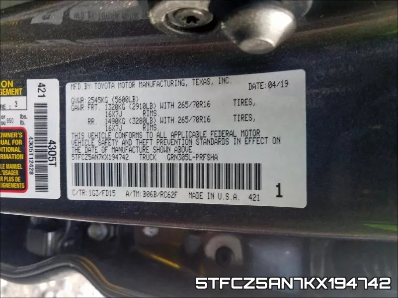 5TFCZ5AN7KX194742 фото 2
