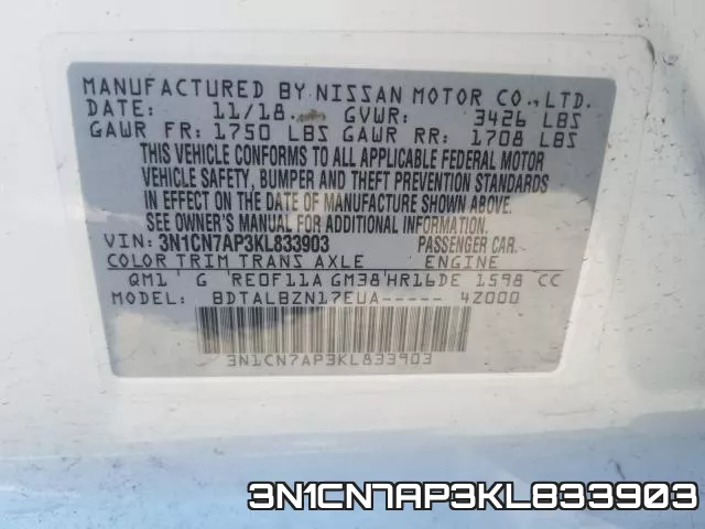 3N1CN7AP3KL833903 фото 2