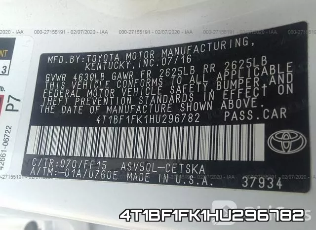 4T1BF1FK1HU296782 фото 10