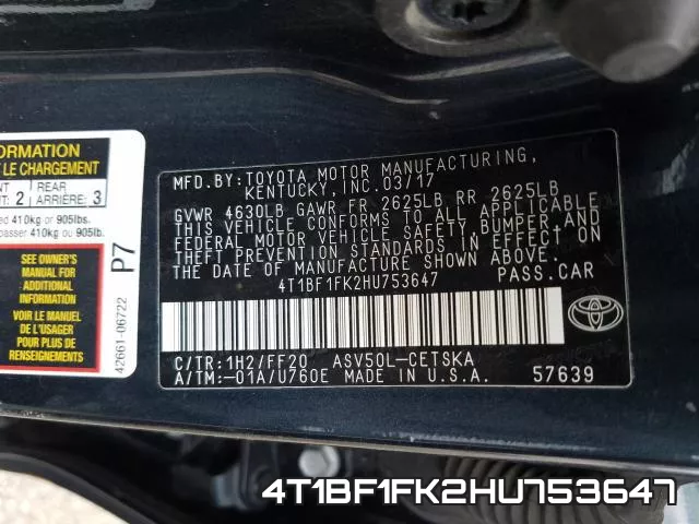4T1BF1FK2HU753647 фото 2