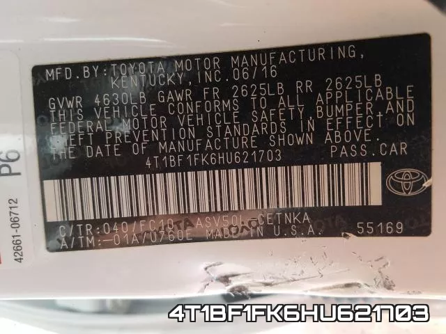 4T1BF1FK6HU621703 фото 2