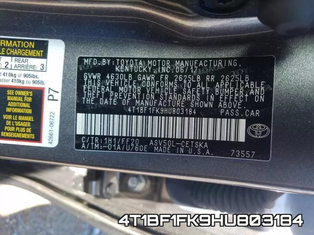 4T1BF1FK9HU803184 фото 2