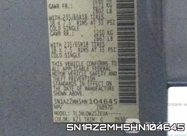 5N1AZ2MH5HN104645 фото 10
