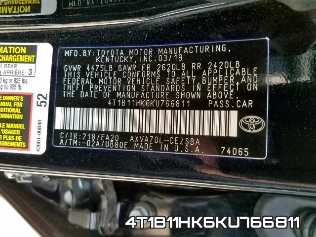 4T1B11HK6KU766811 фото 2