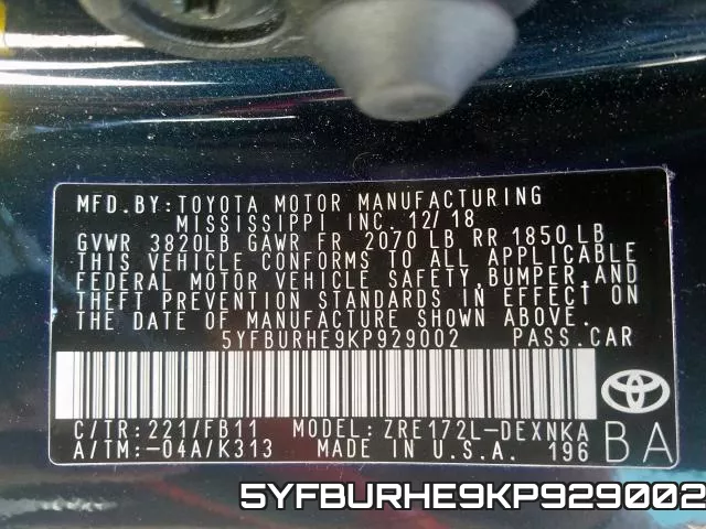 5YFBURHE9KP929002 фото 2