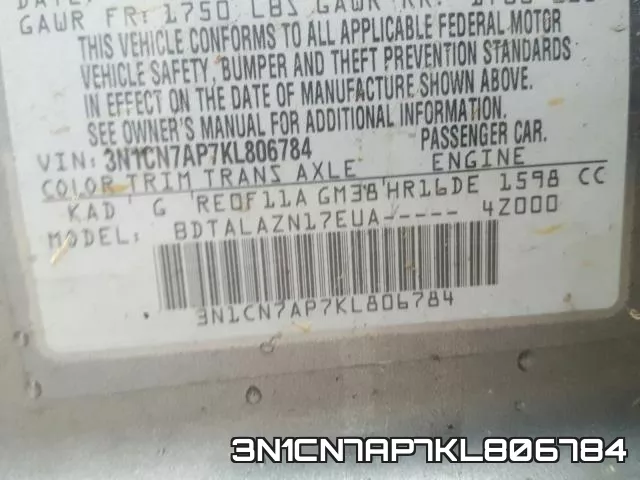 3N1CN7AP7KL806784 фото 2