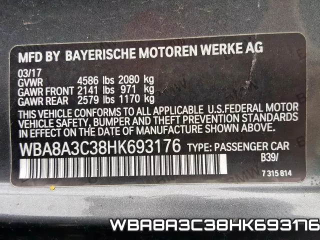 WBA8A3C38HK693176 фото 2