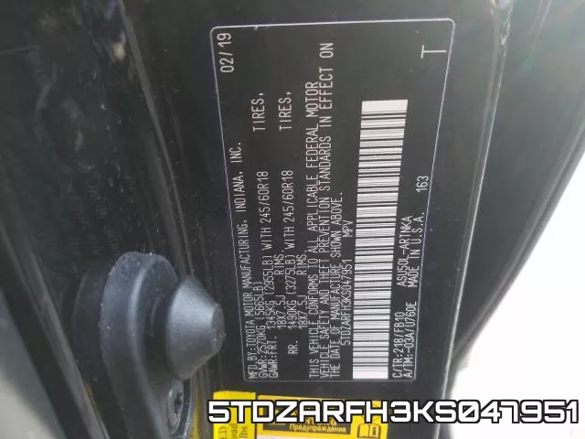 5TDZARFH3KS047951 фото 2
