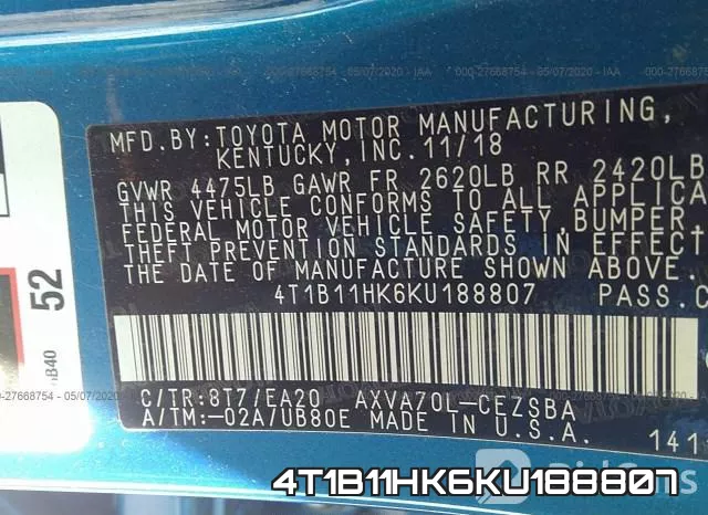 4T1B11HK6KU188807 фото 10