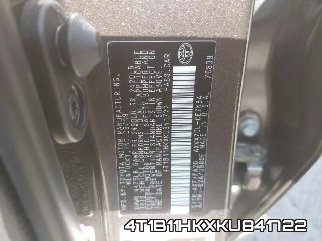 4T1B11HKXKU841722 фото 2