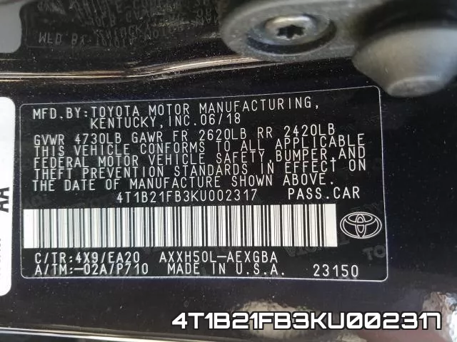 4T1B21FB3KU002317 фото 2