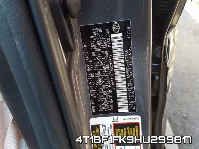 4T1BF1FK9HU299817 фото 2