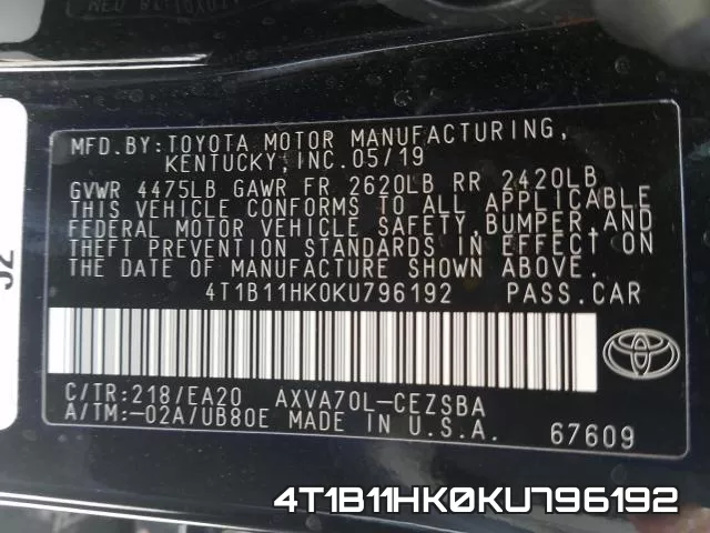 4T1B11HK0KU796192 фото 2