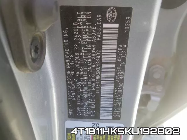 4T1B11HK5KU192802 фото 2