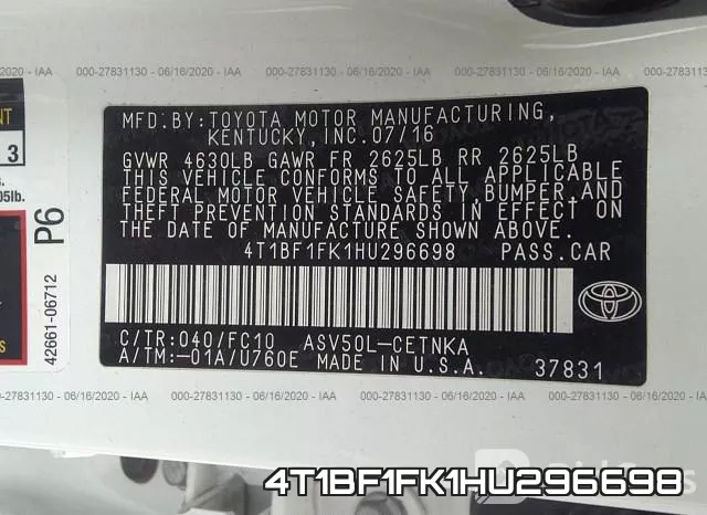 4T1BF1FK1HU296698 фото 10