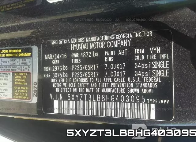 5XYZT3LB8HG403095 фото 10