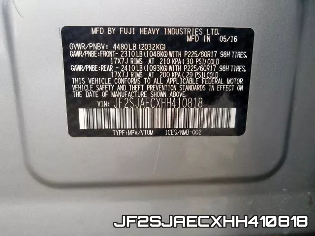 JF2SJAECXHH410818 фото 2