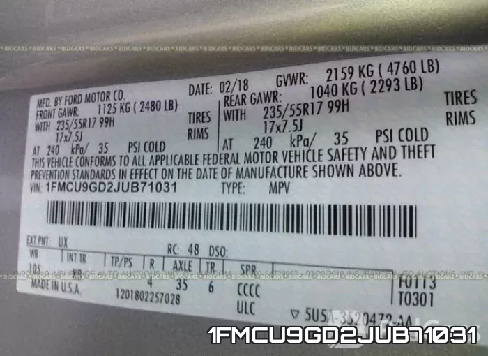 1FMCU9GD2JUB71031 фото 10