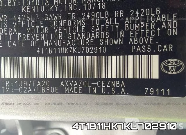 4T1B11HK7KU702910 фото 10