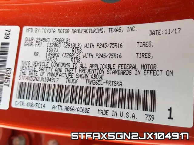 5TFAX5GN2JX104917 фото 2