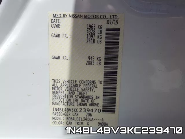 1N4BL4BV3KC239470 фото 2