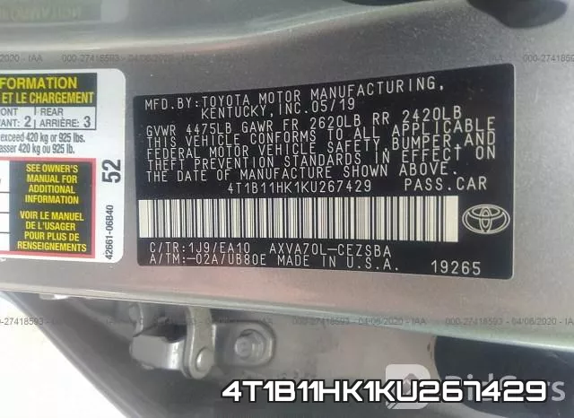 4T1B11HK1KU267429 фото 10