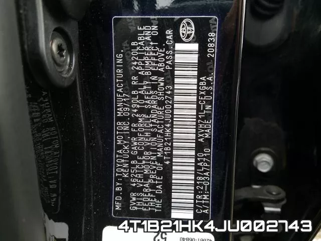 4T1B21HK4JU002743 фото 2