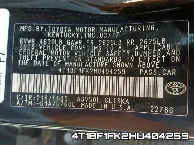 4T1BF1FK2HU404259 фото 2