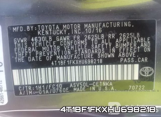 4T1BF1FKXHU698218 фото 10