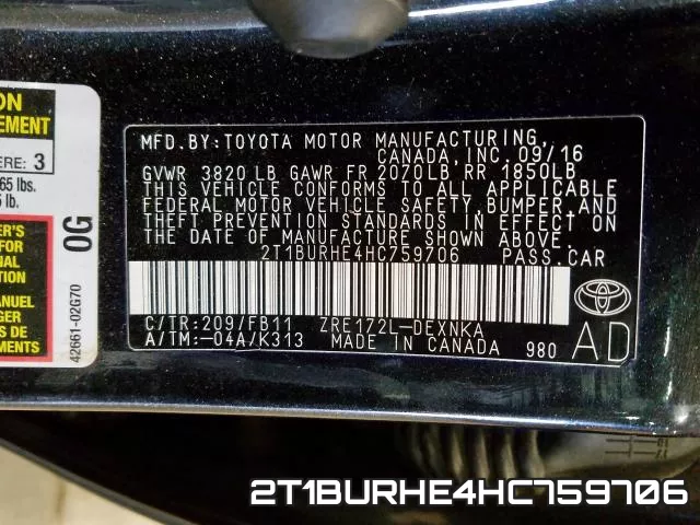 2T1BURHE4HC759706 фото 2