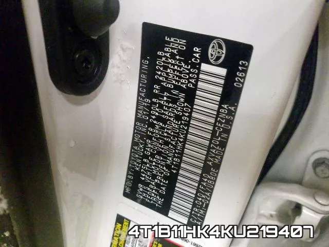 4T1B11HK4KU219407 фото 2