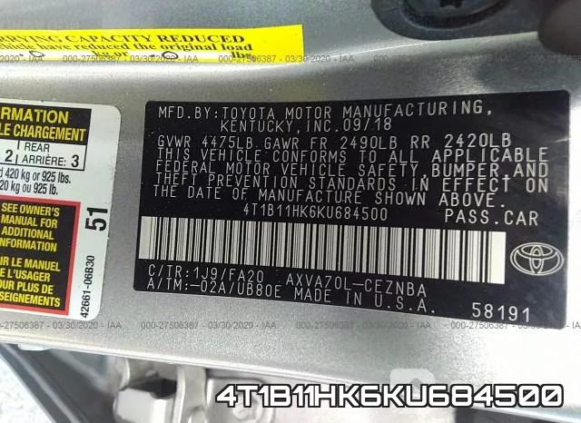 4T1B11HK6KU684500 фото 10