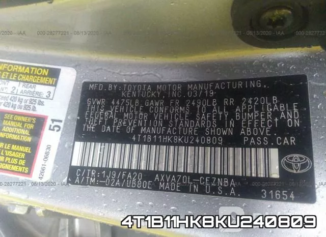 4T1B11HK8KU240809 фото 10