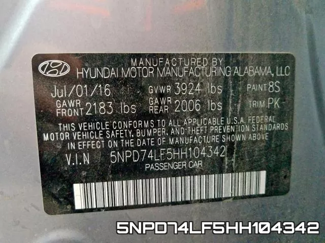 5NPD74LF5HH104342 фото 2