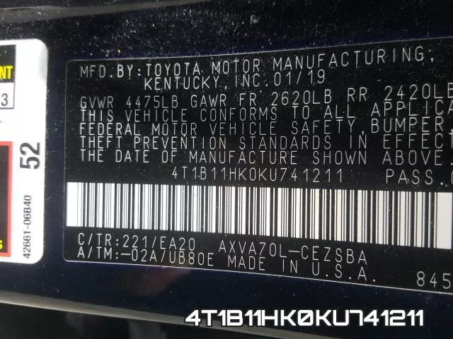 4T1B11HK0KU741211 фото 2