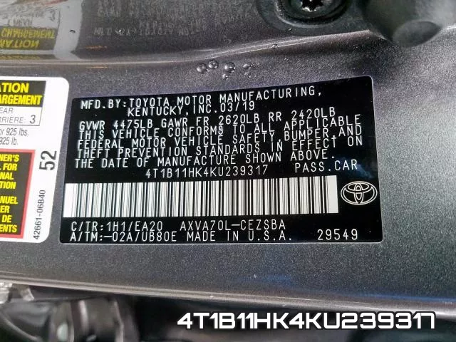 4T1B11HK4KU239317 фото 2