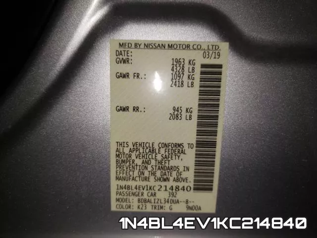 1N4BL4EV1KC214840 фото 2