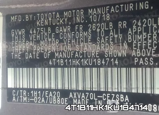 4T1B11HK1KU184714 фото 10
