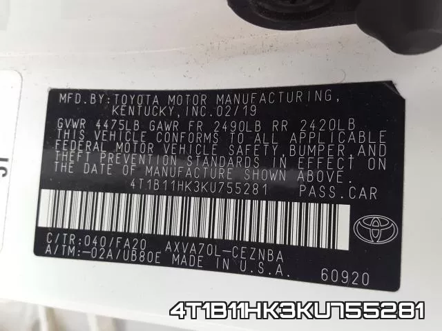 4T1B11HK3KU755281 фото 2
