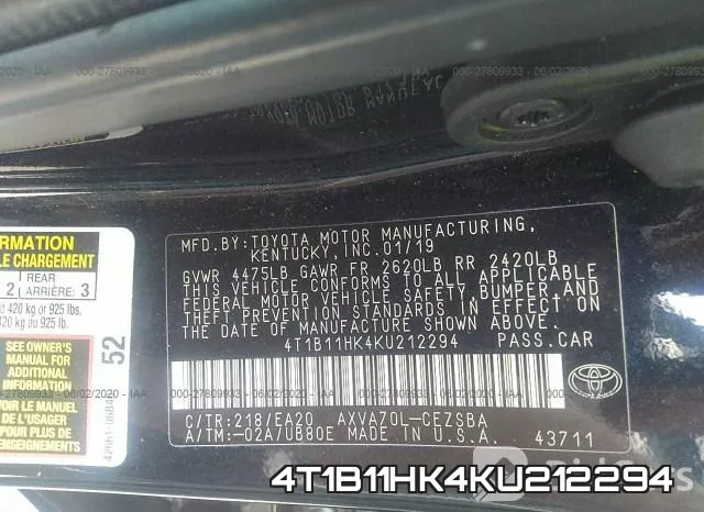 4T1B11HK4KU212294 фото 10