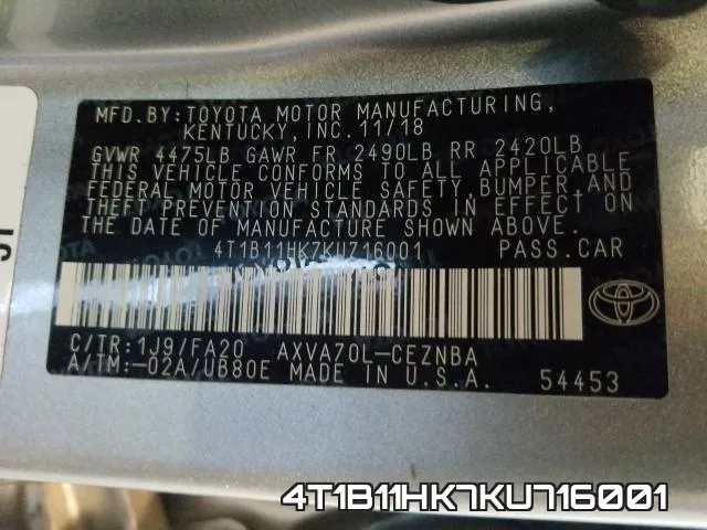 4T1B11HK7KU716001 фото 2