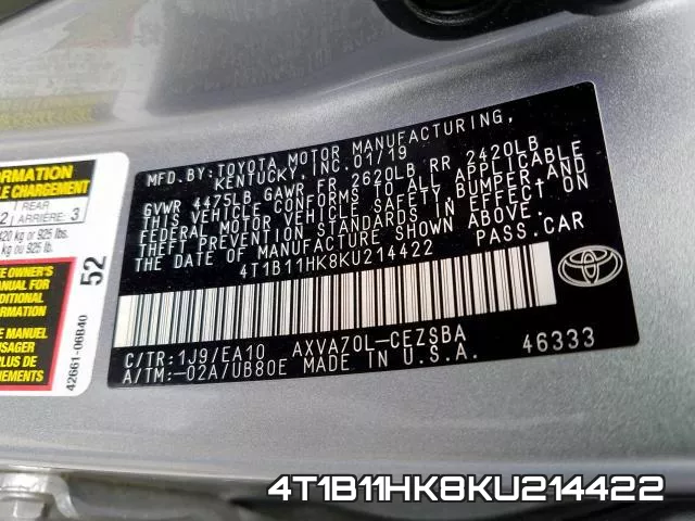 4T1B11HK8KU214422 фото 2