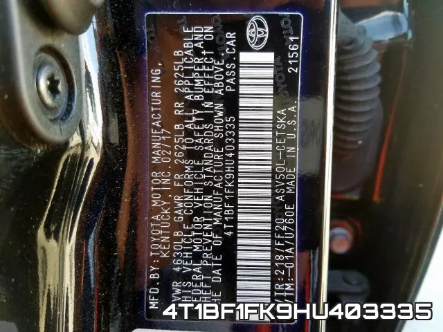 4T1BF1FK9HU403335 фото 2